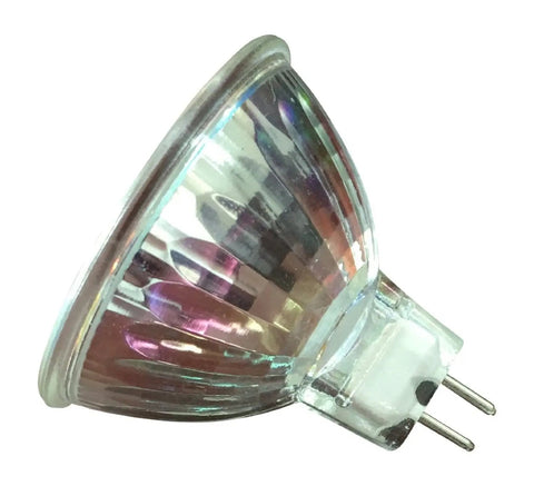 MR16 12V 20W Halogen Light Bulbs 6 Pack, glass front cover, bi-pin GU5.3 base, side view close-up