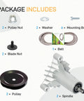 Components of Rugged Mower Deck Rebuild Kit For Craftsman Husqvarna Poulan with spindles, pulleys, washers, and belt