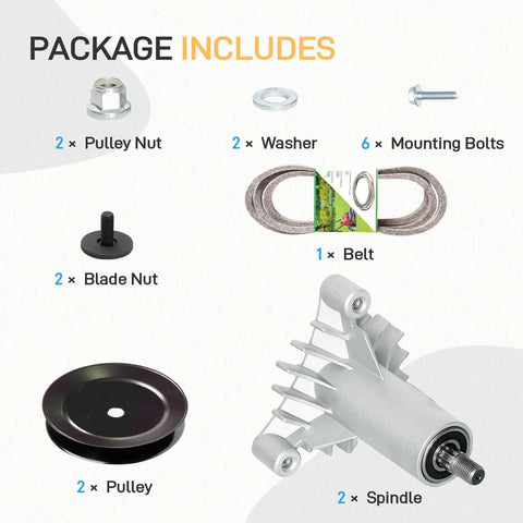 Components of Rugged Mower Deck Rebuild Kit For Craftsman Husqvarna Poulan with spindles, pulleys, washers, and belt