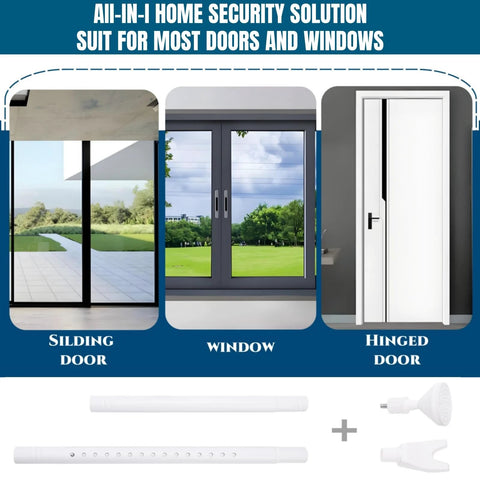 2 Pack Door Security Bar Heavy Duty Metal Door Stoppers Security Patio Bars 2 In 1 Adjustable Sliding Doors Lock Jammer Stopper for Window Apartment Home Hotel Room White Durable Portable Travel Friendly Lightweight Design with Rubber Base and Tips shown with sliding doors, window, and hinged door application