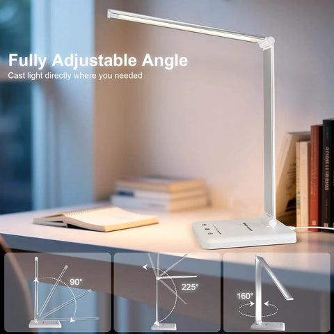 Dimmable LED Desk Lamp With USB Port, 52 Eye Friendly LEDs, adjustable angle settings, on modern desk near books