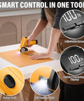 Get The Rhino Hit Cordless Electric Scissors Up A Gear With 4 Speed Settings Up To 320 Rpm For Fast, Smooth Cuts Through Cardboard And Packaging Materials This Yellow Rotary Cutter is shown cutting through cardboard with smooth precision.