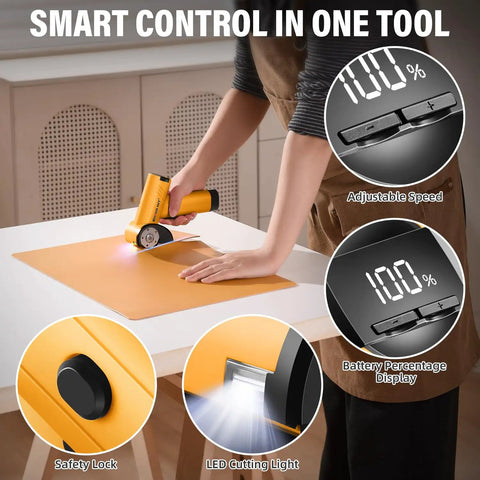 Get The Rhino Hit Cordless Electric Scissors Up A Gear With 4 Speed Settings Up To 320 Rpm For Fast, Smooth Cuts Through Cardboard And Packaging Materials This Yellow Rotary Cutter is shown cutting through cardboard with smooth precision.