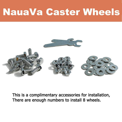 Installation accessories for NauVa Caster Wheels including bolts, nuts, washers, and wrench, shown on a white background.