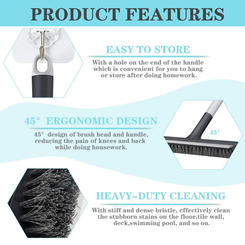 Product features of Heavy Duty Floor Scrub Brush With Long Adjustable Handle 2 In 1 Scrub And Squeegee for easy storage and cleaning.