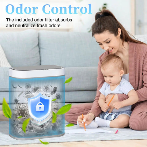 Touchless Motion Sensor Trash Can With Lid Slim 2.6 Gallon Waterproof Garbage Bin For Bathroom Bedroom Restroom Living Room And Office Battery Operated Quiet Space Saving in a living room setting with odor control feature displayed.