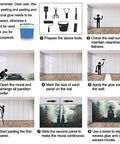 Instructional guide for installing Epic Locomotive Through Foggy Forest 3D Wall Mural with tools and wall preparation steps.