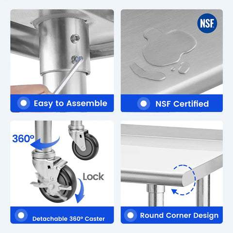 Close-up of Stainless Steel Prep And Work Table 24 By 48 Inches With Caster Wheels NSF Certified Pro Grade features and design.
