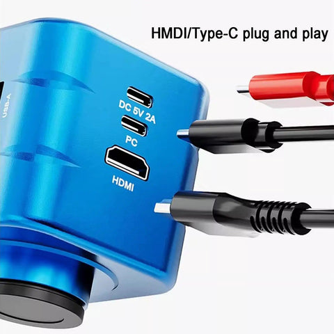4K 1080P Digital Microscope Camera With HDMI And USB Outputs, close-up of HDMI and PC ports with cable connections