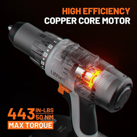 Cordless Drill Kit With Half Inch Metal Keyless Chuck, 443 Inch Pounds Torque, showing copper core motor in close-up view