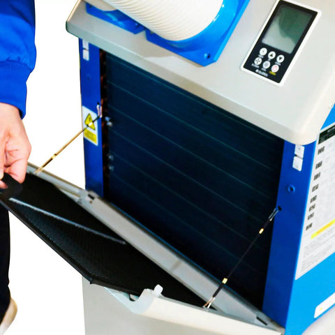 Close-up of Built Rock Solid Water Cooled Portable Air Conditioner Dropping Legit 16000 Btu Chill showing filter access panel.