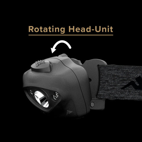 Rotating head of Vizz Headlamp 550 Lumen Dimmable LED With IPX7 Waterproof Seal, black headlamp close-up