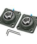 Two Pack UCF207-22 Pillow Block Bearings With 1 3 Eighths Inch Bore Self Alignment, Solid Cast Iron Base, Square Flange Mounted, Chrome Steel Bearings, Beefy Heavy Duty Build, Includes Four Screws and Two Wrenches. Two cast iron pillow block bearings with 1-3/8 inch bore and hex wrenches.
