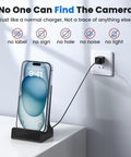 Stealth Mode Wireless Charger Packed With A Hidden 2K Spy Camera Featuring 160 Degree Wide Angle Viewing, supporting smartphone charging on a desk.