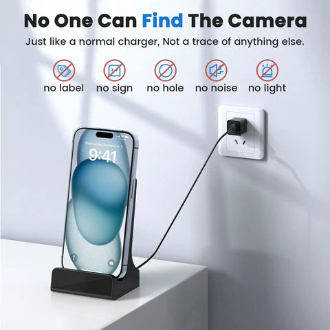 Stealth Mode Wireless Charger Packed With A Hidden 2K Spy Camera Featuring 160 Degree Wide Angle Viewing, supporting smartphone charging on a desk.