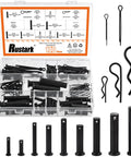 Assorted 100 Piece Pin Fastener Kit With Cotter Pins R Clips Clevis Pins Hair Pins And Hitch Pins In 16 Sizes M2 Through M12 Zinc Plated Black Finish