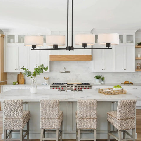 Rectangular Farmhouse Wood Pendant Light With 4 Light Industrial Chandelier over kitchen island with wicker stools and white cabinets