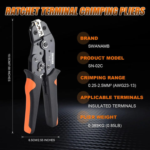 Crimping Tool Kit With 280 Insulated Wire Connectors For AWG 23-13 0.25-2.5mm2 Heavy Duty Pliers Set displayed with features