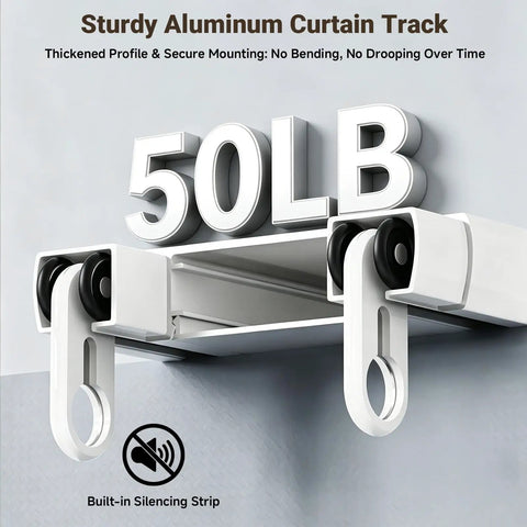 Double Row Ceiling Mounted Curtain Track System For Windows White Adjustable From 3 To 18 Feet Ultra Quiet PVC Pulleys With Silent Strips Includes Handsaw No Fuss Setup Great For Hotels Hospitals And Home Or Office Use. 50LB