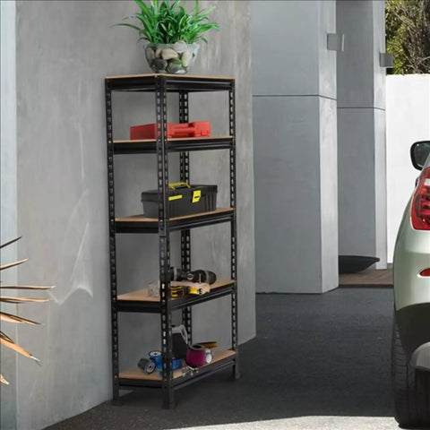 Five Tier Boltless Adjustable Steel Storage Shelf Unit Black in garage, sturdy frame, loaded with tools and plant on top