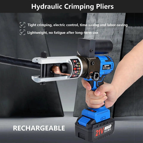 Heavy Duty 21V Cordless Electric Hydraulic Crimping Pliers With 40Ah Battery And Cable Cutter in use crimping copper terminal.