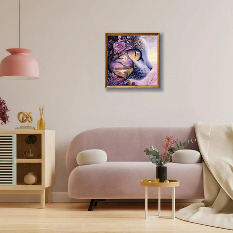 Living room decor with framed 5D Diamond Painting Kit for Adults Dope Cherry Blossom Cat 13.7x13.7 inch wall art above sofa