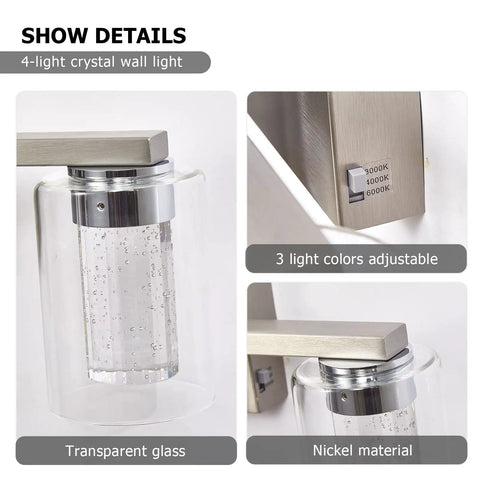 4 Light Brushed Nickel Crystal Vanity Light Fixtures With Dimmable LED, showing transparent glass and nickel material details