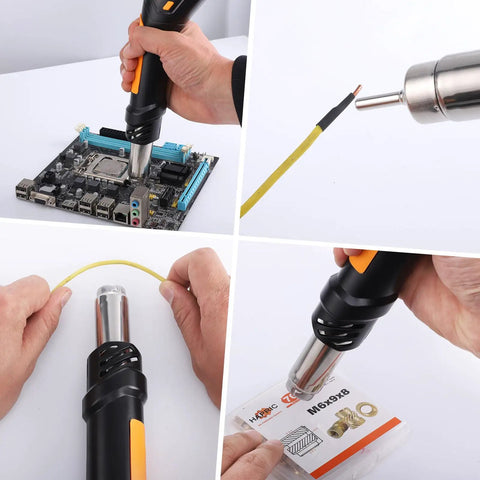 Heat Gun 700W Mini Hot Air Rework Tool With LED Display in electronics DIY and shrink tubing tasks.