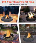 Four setups of Smokeless Fire Pit Ring Liner For Outdoor Use Heavy Duty Solid Steel Rim Insert 40 Inch Outer Diameter And 36 Inch Inner Diameter Fits Above Ground Or In Ground DIY Campfires Black Finish with flames in varied environments.