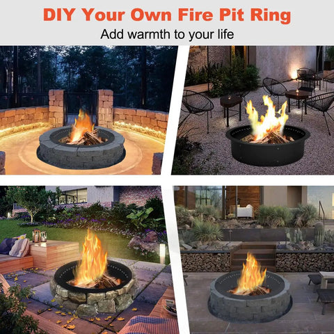 Four setups of Smokeless Fire Pit Ring Liner For Outdoor Use Heavy Duty Solid Steel Rim Insert 40 Inch Outer Diameter And 36 Inch Inner Diameter Fits Above Ground Or In Ground DIY Campfires Black Finish with flames in varied environments.