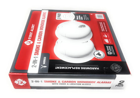 Combo Smoke And Carbon Monoxide Alarm With Interconnect, Hardwired Power, Battery Backup, Voice And Location Alerts, Easy To Install, Model SMCO100V-AC, 2-Pack in packaging