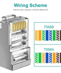 Wiring scheme for 50-Pack Cat6 Shielded Pass Through RJ45 Connectors With Strain Relief Boots No Fuss Easy Install 8P8C Modular