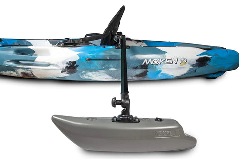 Dual Outriggers Standncast Gen II with 30-inch arms and Railblaza HD Mount on blue kayak for stability under 350 lbs