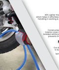 Heavy Duty 3/4 X 50 Ft Rubber Air Hose Rated For 300 Psi With Reinforced Braid attached to impact wrench for tire service.