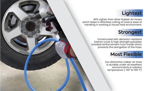 Heavy Duty 3/4 X 50 Ft Rubber Air Hose Rated For 300 Psi With Reinforced Braid attached to impact wrench for tire service.