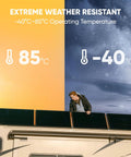 Person setting up SolarSaga 100 Prime Bifacial DIY Solar Panel on RV roof in extreme weather conditions.