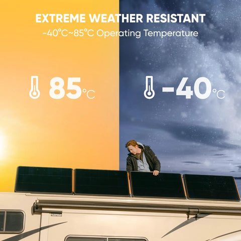 Person setting up SolarSaga 100 Prime Bifacial DIY Solar Panel on RV roof in extreme weather conditions.