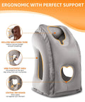 Inflatable Travel Neck Pillow With Eye Mask And Ear Plugs shown upright with ergonomic design features, gray