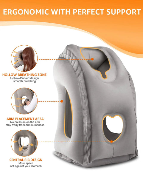 Inflatable Travel Neck Pillow With Eye Mask And Ear Plugs shown upright with ergonomic design features, gray