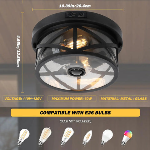 Kickass Motion Sensor Outdoor Ceiling Light Black Flush Mount with Dusk To Dawn and Auto Off Twilight Switch for Porch and Patio, metal and glass, 10.39in diameter.