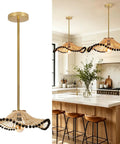 Hodevimall 19.6" Boho Rattan Pendant Light Fixture in a modern kitchen with black beads and gold hardware.