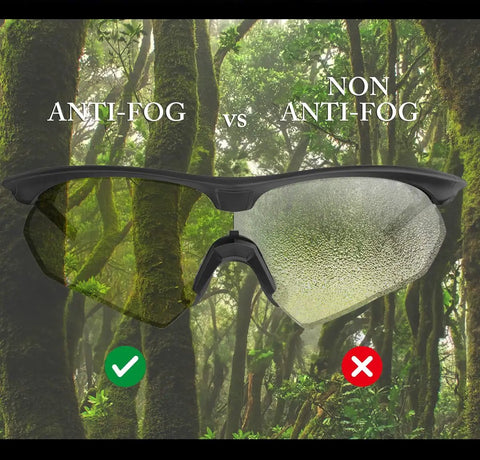 Anti Fog Tactical Shooting Glasses With Ballistic Eye Protection For Hunting against non-anti-fog version in forest setting