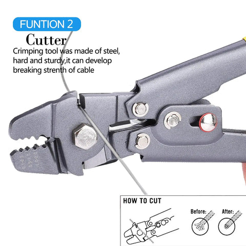 Close-up of Wire Rope Crimping Tool Kit With One Sixteenth Inch Stainless Steel Cable showing cutter function.