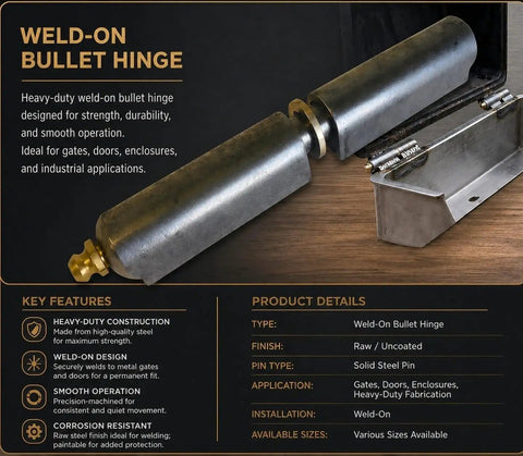 Heavy Duty Weld On Bullet Hinge In Tough As Nails Steel Build With Quick Grease Zerk Fittings For Serious Gate Hardware That Crushes Weight Load And Stays Rock Solid At Six Inches, showing raw steel design and solid pin.