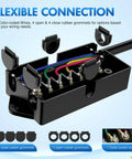 Heavy Duty 7 Way Trailer Plug With 8 Foot Wiring Harness 7 Pin RV Round Connector Cable Weatherproof Junction Box Universal Tow Wiring For RVs And Cars Durable Cable And Easy Clip In showing color-coded internal wires and open junction box