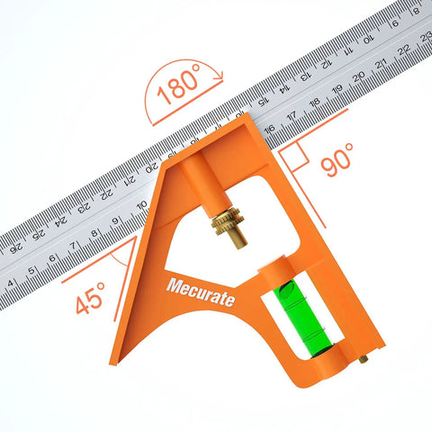 12 Inch Combination Square Kit With A Beefy Stainless Steel Blade And Zinc Cast Body, showing protractor and level markings.