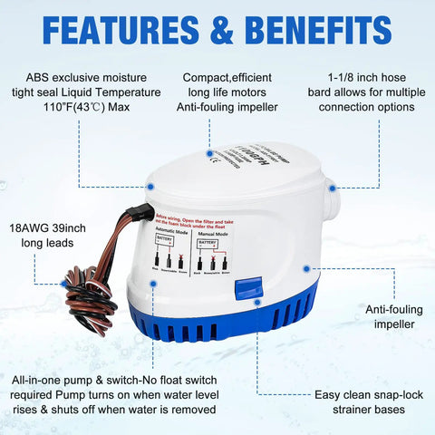 Automatic Submersible Bilge Water Pump 12V 1100GPH with Built In Float Switch, features labeled on white and blue pump.