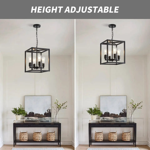 Rustic Industrial 4 Light Farmhouse Chandelier Pendant Lighting With Adjustable Height Metal Cage E26 Base in room setting
