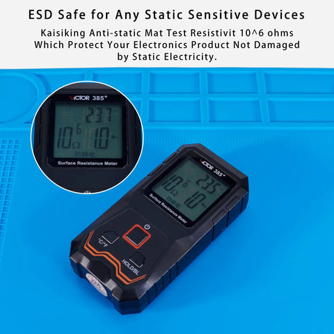 Anti Static Mat Kit For Electronics And Computer Repair With Esd Wrist Strap Grounding Wire And Grounding Plug displayed with meter