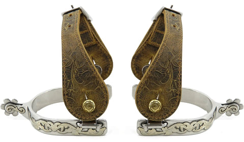 Stainless Steel Western Cowboy Spurs With Straps Engraved German Silver Trims Three Quarter Inch Rowel One Inch Shank Includes Spur Straps